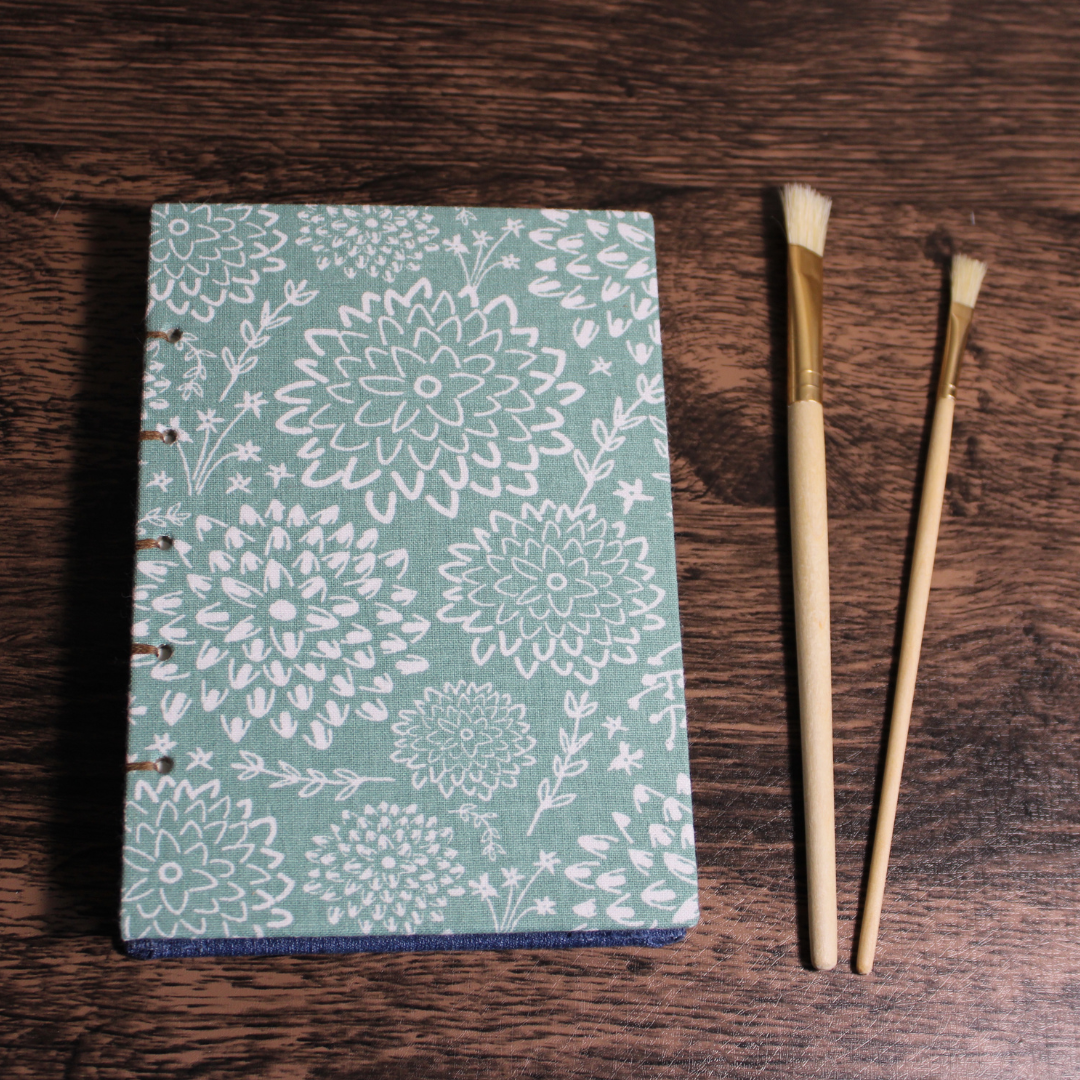 Mint Green Floral and Upcycled Blue Denim Watercolor Sketchbook