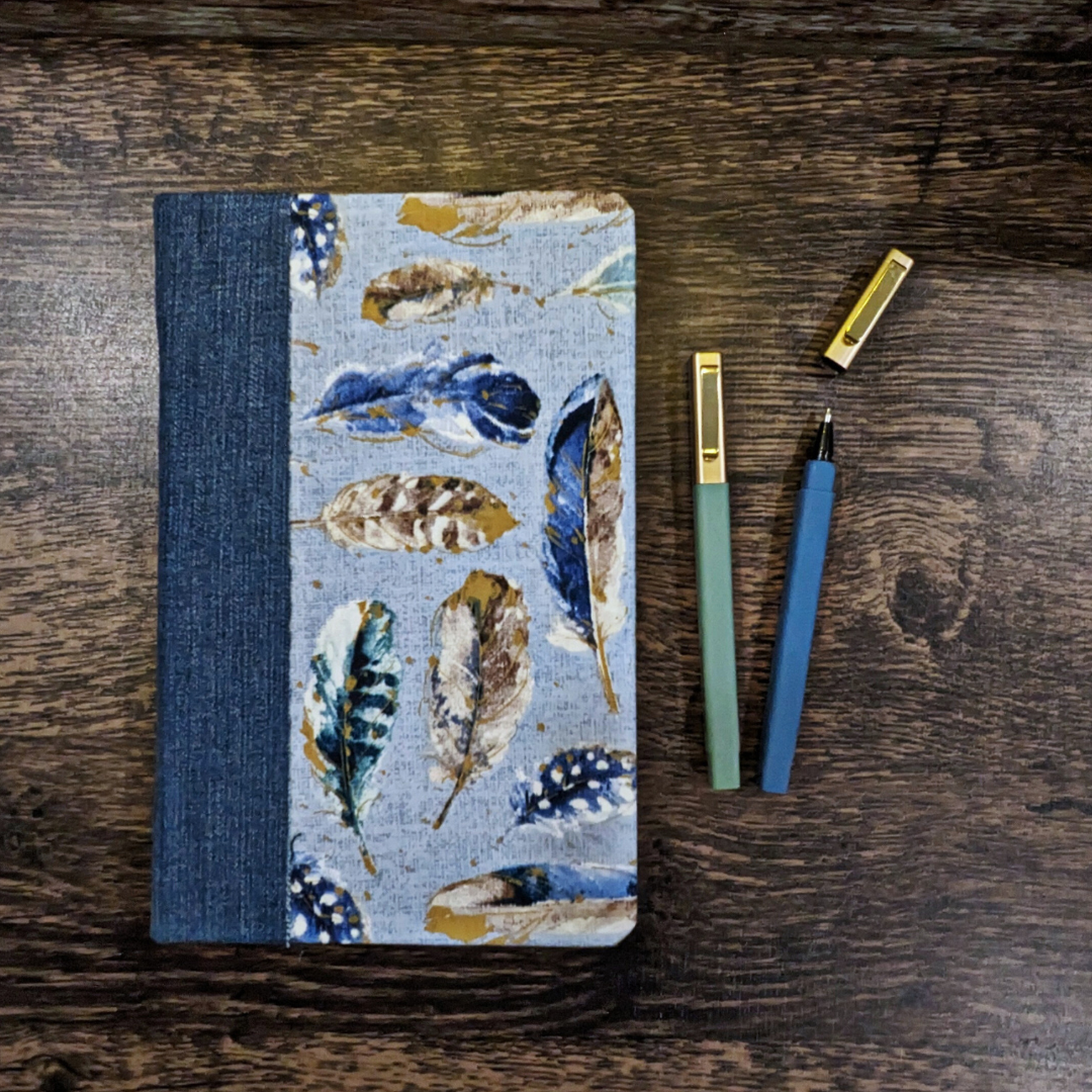 Blue and Gold Feather Journal with Upcycled Denim Spine