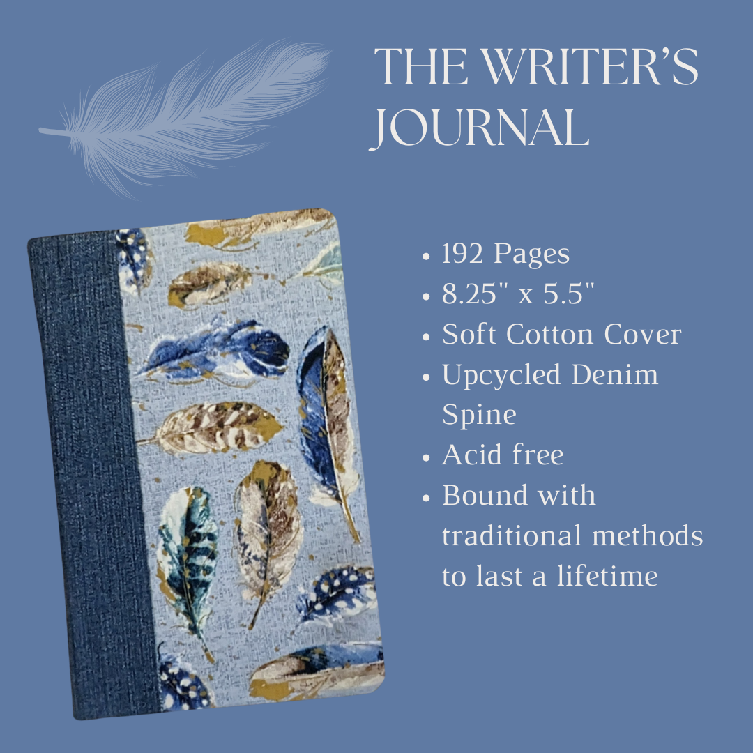 Blue and Gold Feather Journal with Upcycled Denim Spine