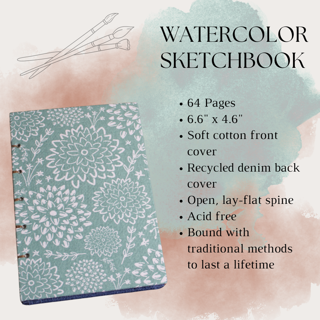 Mint Green Floral and Upcycled Blue Denim Watercolor Sketchbook