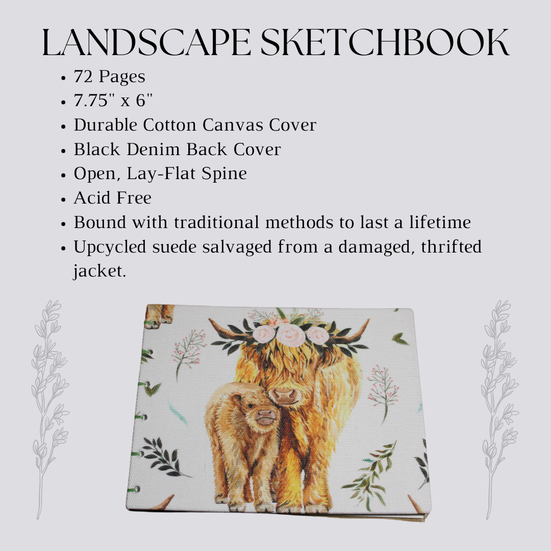 Highland Cow Landscape Sketchbook with Ethically Sourced Suede Back